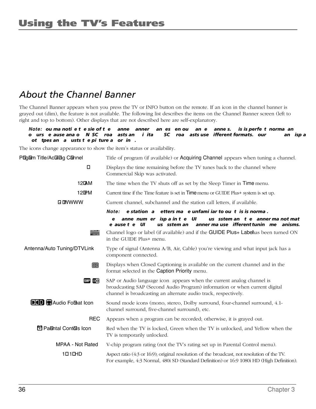 RCA HD65W40 manual Using the TV’s Features, About the Channel Banner 