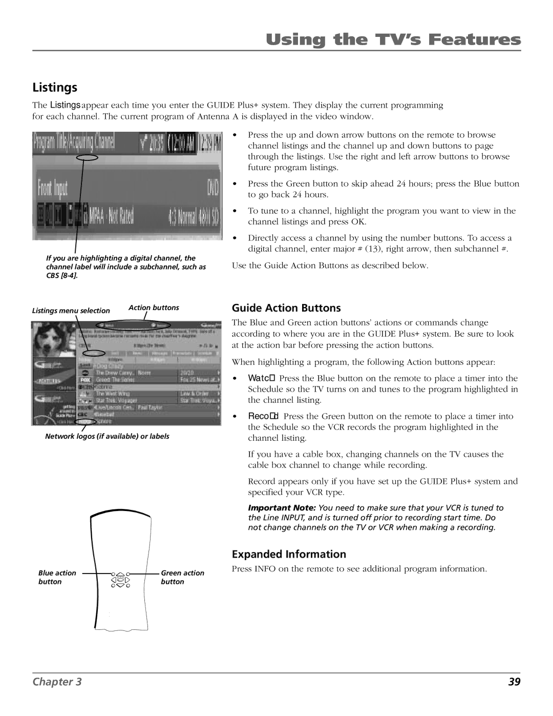 RCA HD65W40 manual Listings, Guide Action Buttons, Expanded Information 