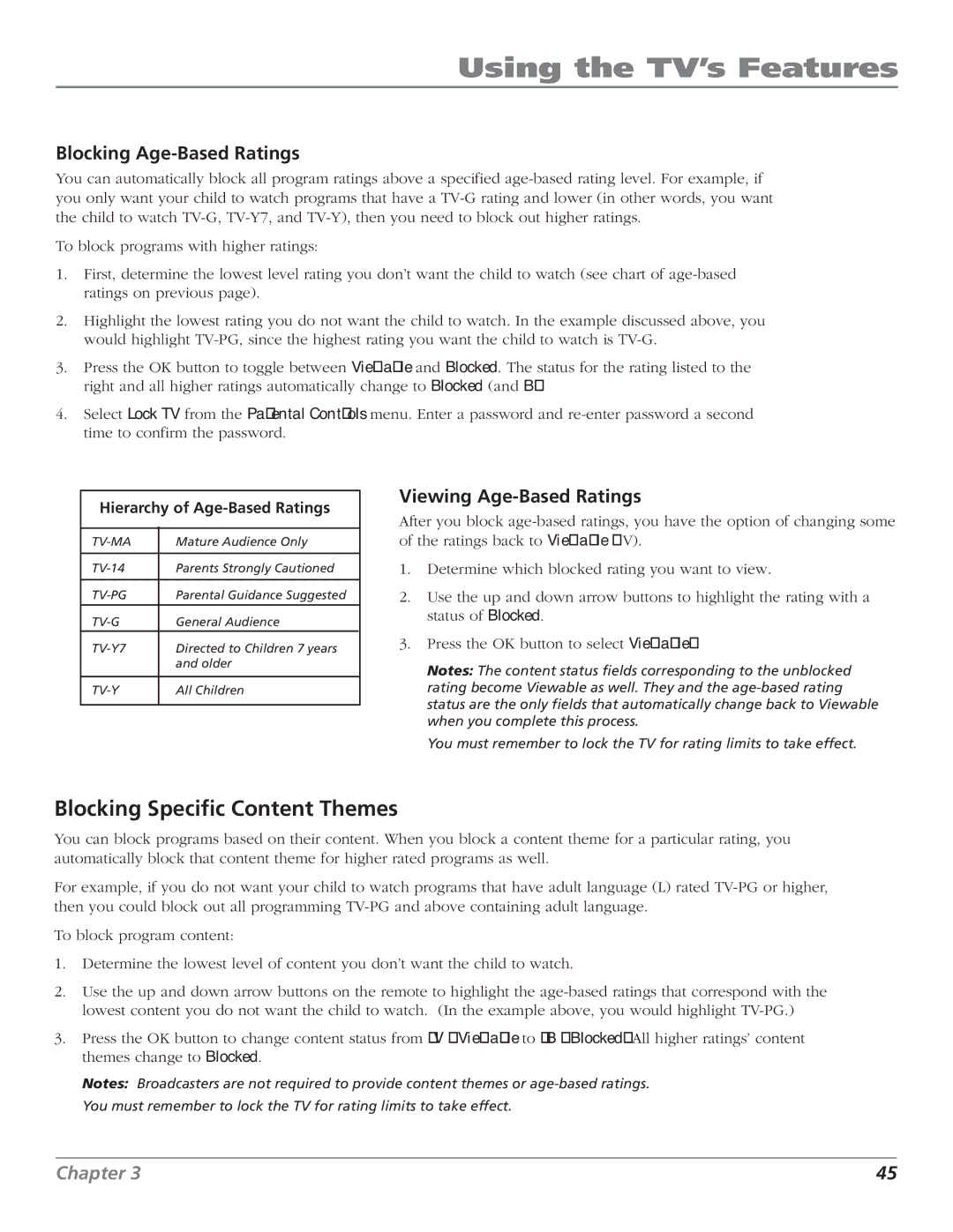 RCA HD65W40 manual Blocking Specific Content Themes, Blocking Age-Based Ratings, Viewing Age-Based Ratings 