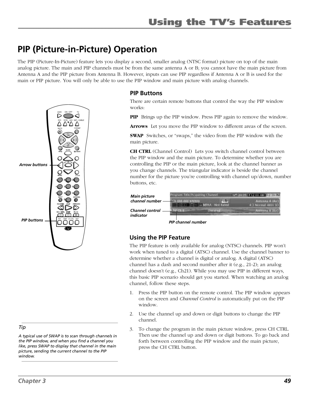 RCA HD65W40 manual PIP Picture-in-Picture Operation, PIP Buttons, Using the PIP Feature 