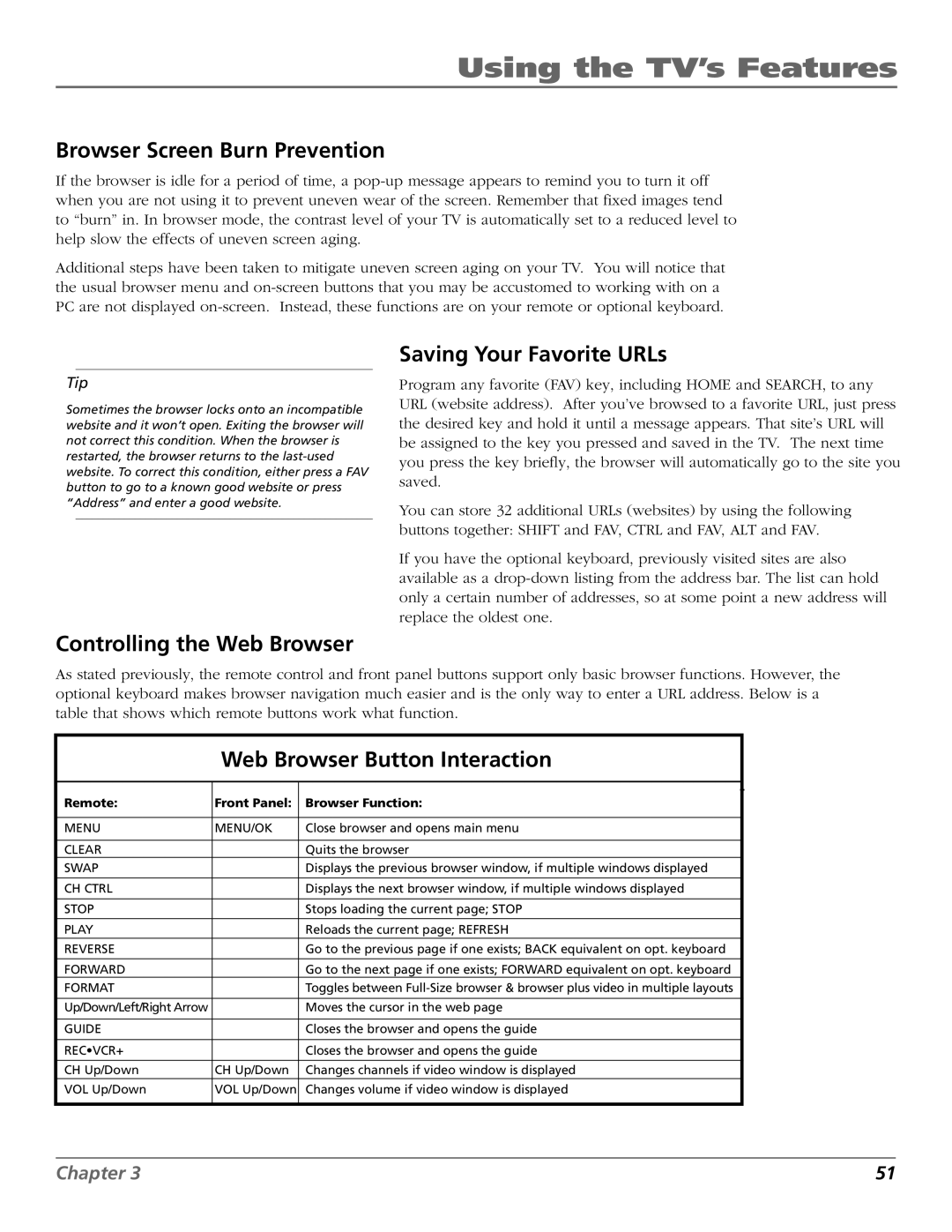RCA HD65W40 manual Browser Screen Burn Prevention, Saving Your Favorite URLs, Controlling the Web Browser 