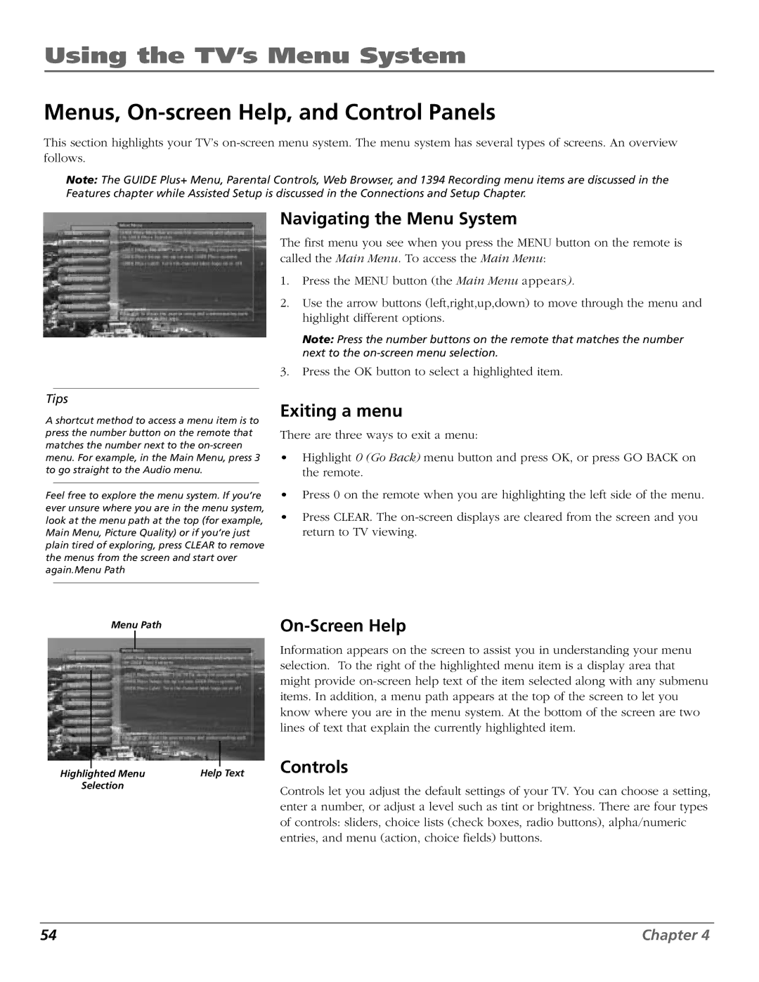 RCA HD65W40 manual Menus, On-screen Help, and Control Panels, Navigating the Menu System, Exiting a menu, Controls 