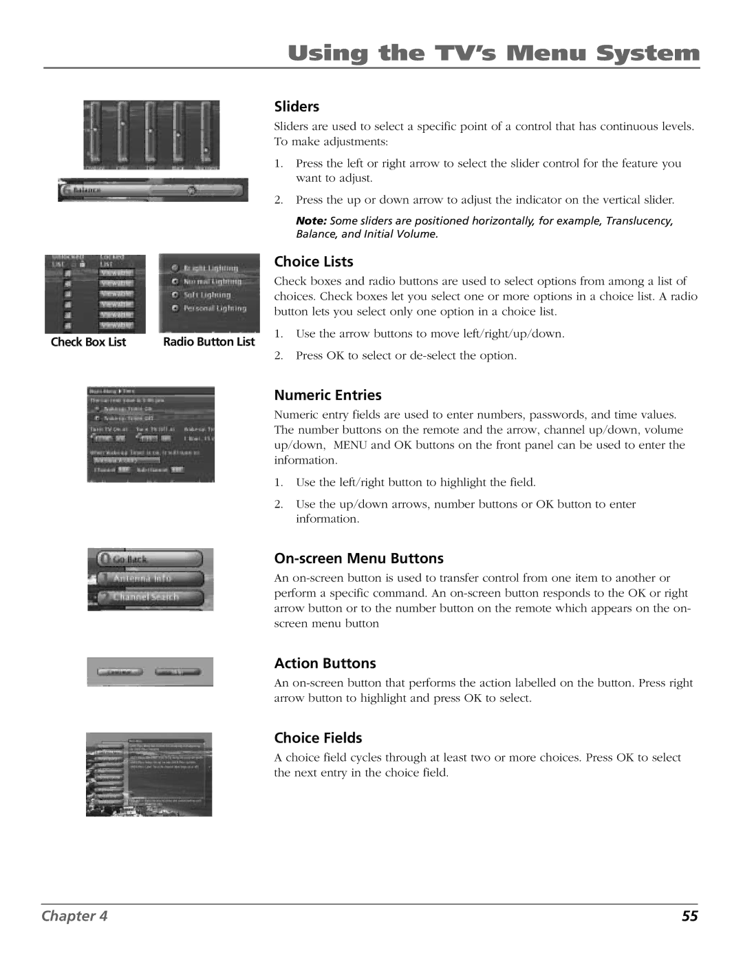 RCA HD65W40 manual Sliders, Choice Lists, Numeric Entries, On-screen Menu Buttons, Action Buttons, Choice Fields 