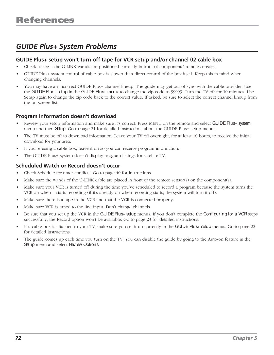 RCA HD65W40 manual Program information doesn’t download, Scheduled Watch or Record doesn’t occur 