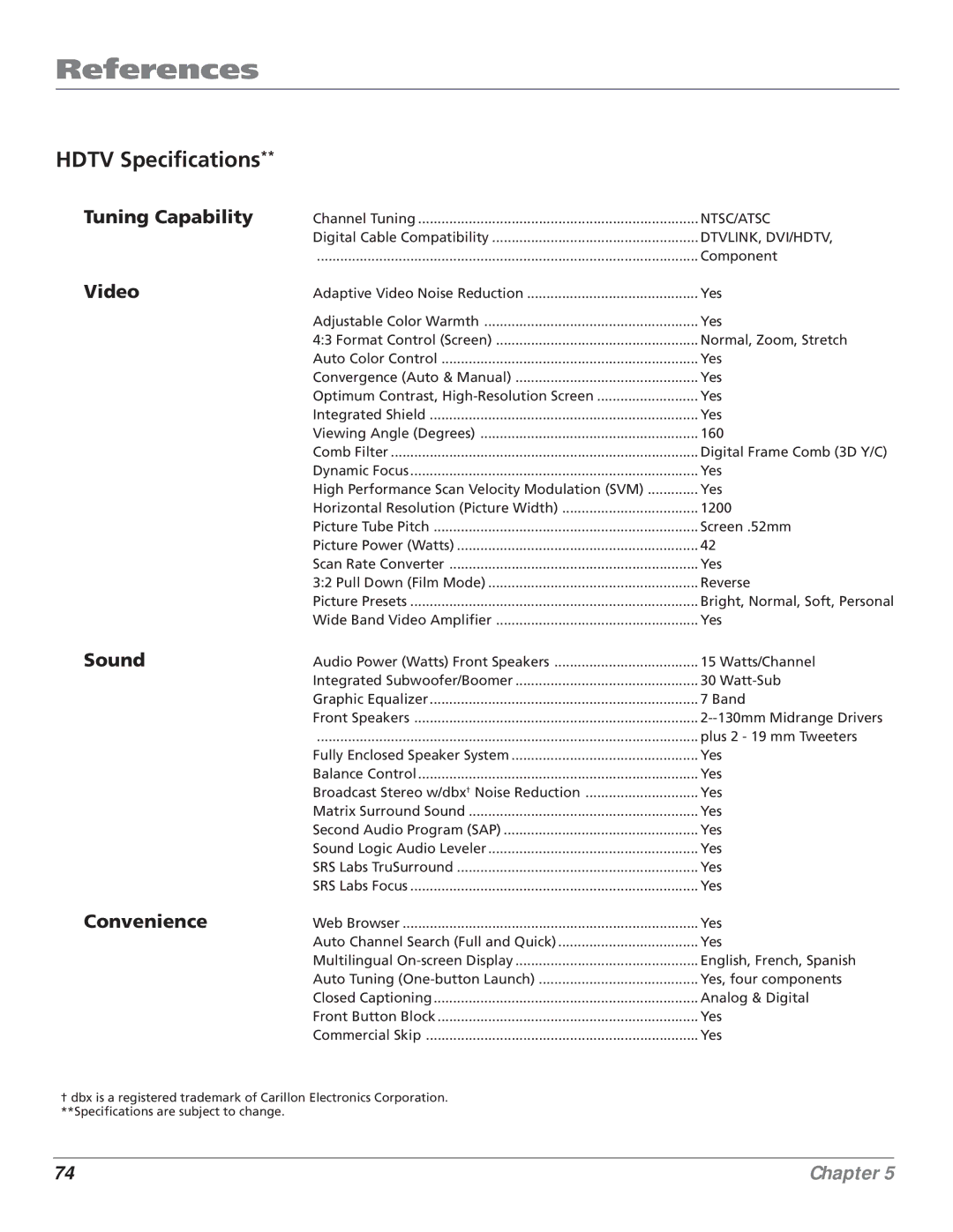 RCA HD65W40 manual Hdtv Specifications, Tuning Capability Video Sound Convenience 