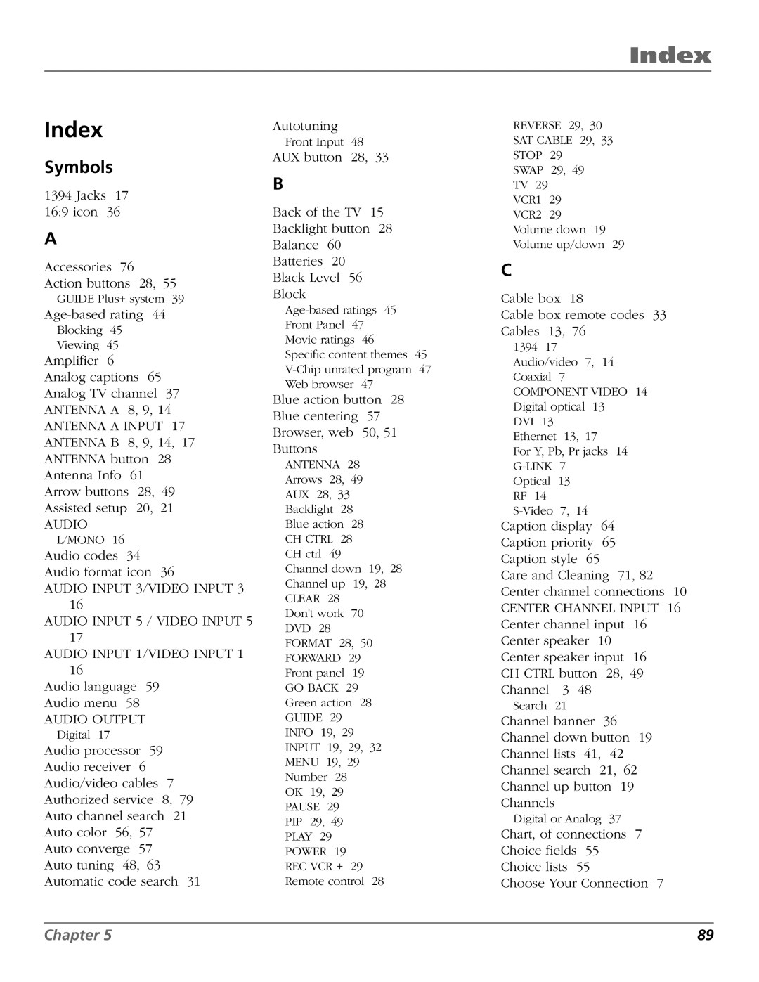 RCA HD65W40 manual Index, Symbols 