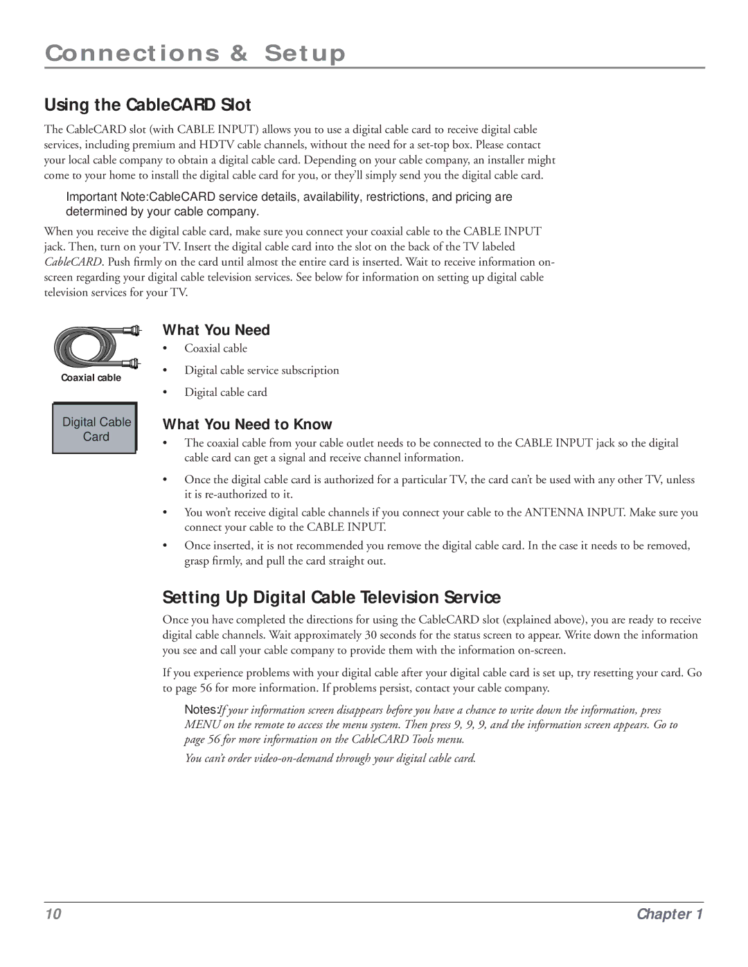 RCA HDLP50 manual Using the CableCARD Slot, Setting Up Digital Cable Television Service 