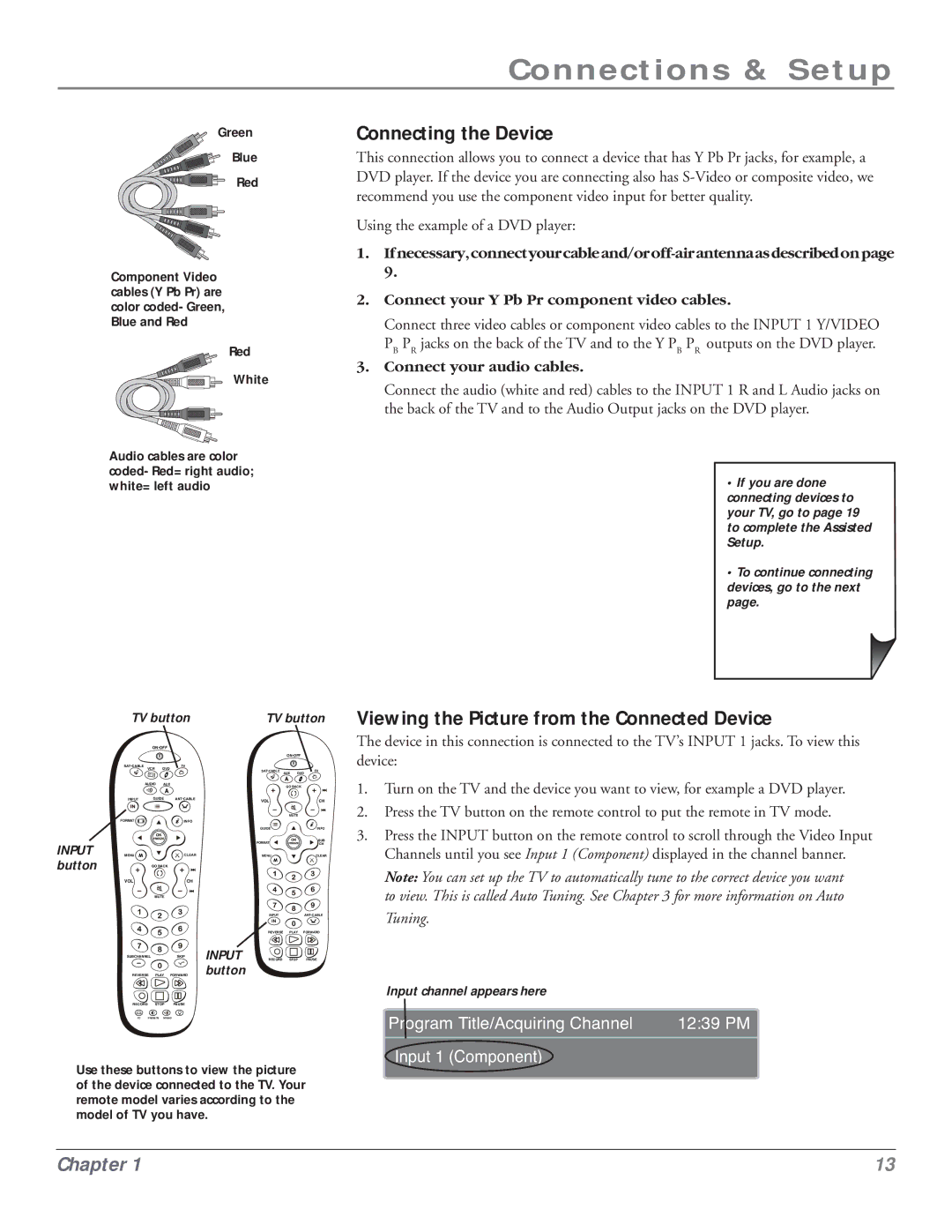 RCA HDLP50 manual Connecting the Device, Viewing the Picture from the Connected Device, Connect your audio cables 