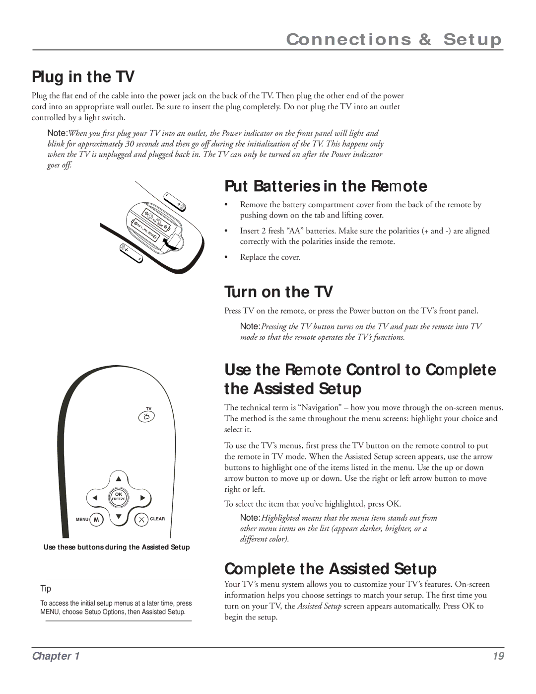 RCA HDLP50 manual Plug in the TV, Put Batteries in the Remote, Turn on the TV, Complete the Assisted Setup 