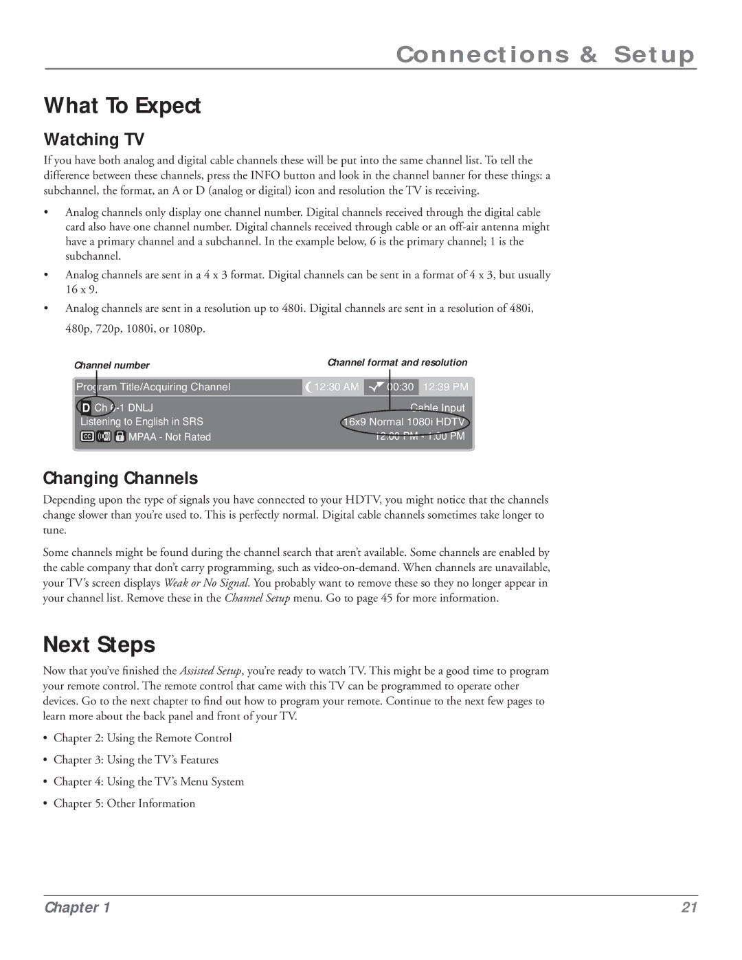 RCA HDLP50 manual What To Expect, Next Steps, Watching TV, Changing Channels 