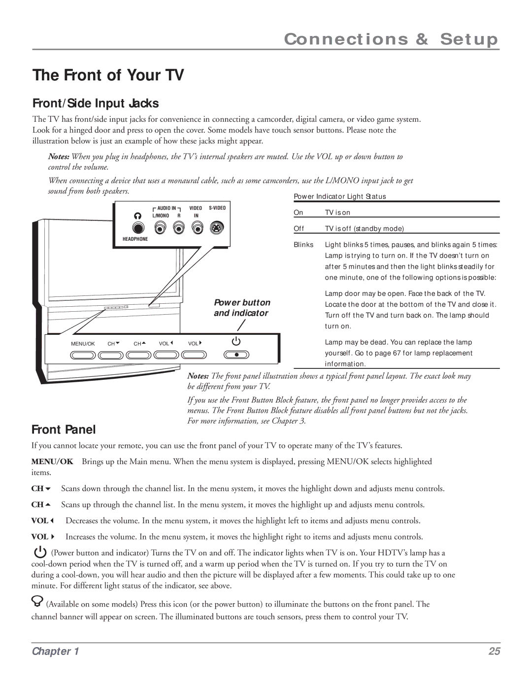 RCA HDLP50 manual Front of Your TV, Front/Side Input Jacks, Front Panel 