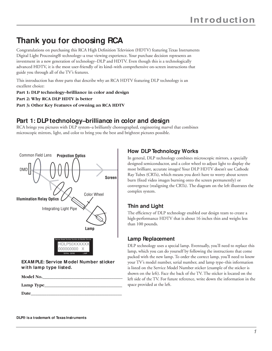 RCA HDLP50 manual Introduction, Thank you for choosing RCA, Part 1 DLP technology-brilliance in color and design 