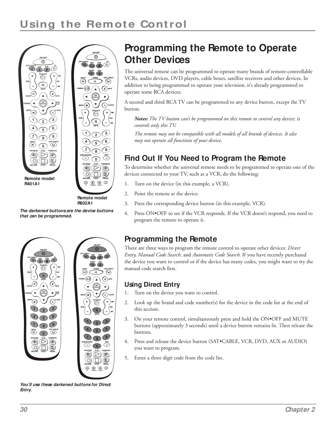 RCA HDLP50 Programming the Remote to Operate Other Devices, Find Out If You Need to Program the Remote, Using Direct Entry 