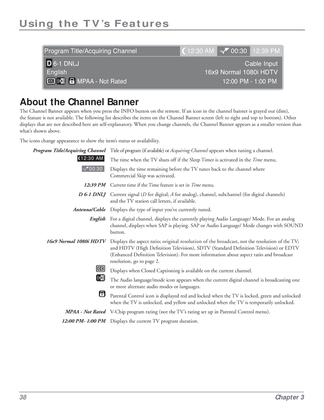 RCA HDLP50 manual Using the TV’s Features, About the Channel Banner 