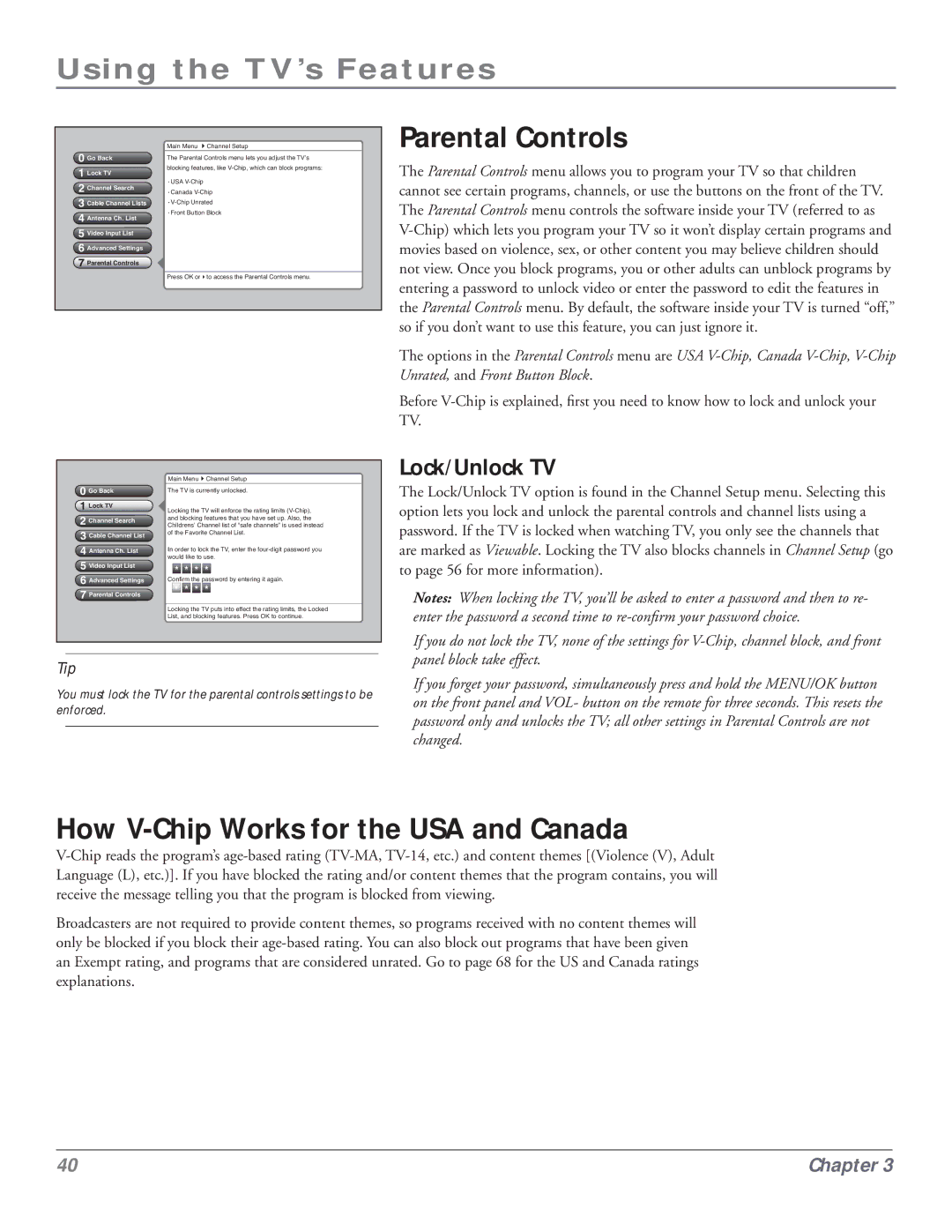 RCA HDLP50 manual Parental Controls, How V-Chip Works for the USA and Canada, Lock/Unlock TV 