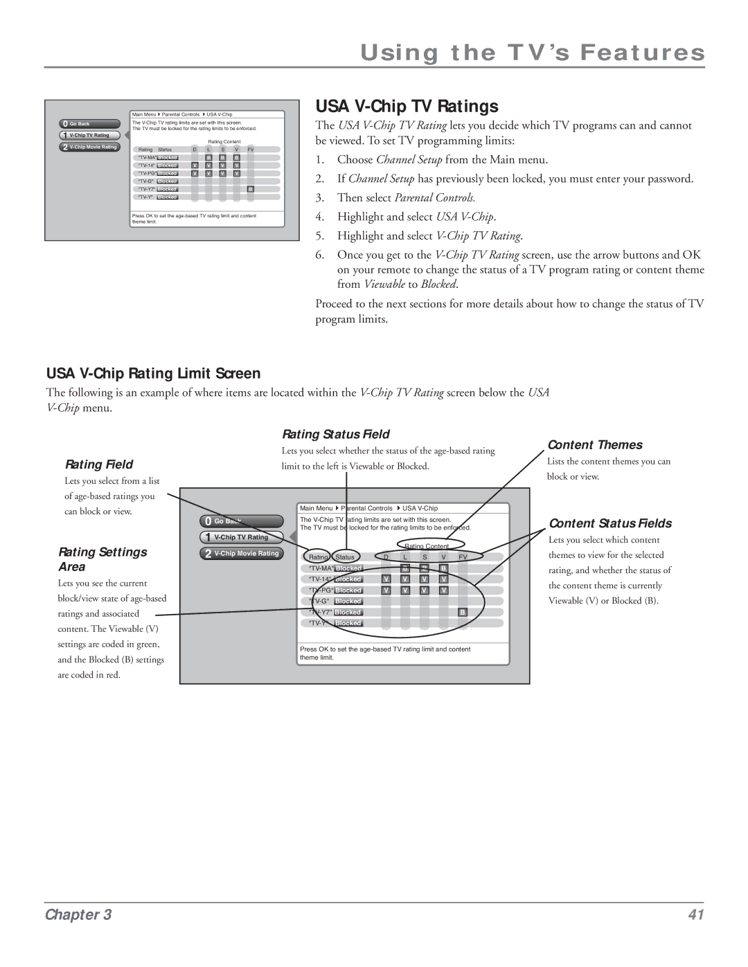 RCA HDLP50 manual USA V-Chip TV Ratings, USA V-Chip Rating Limit Screen 