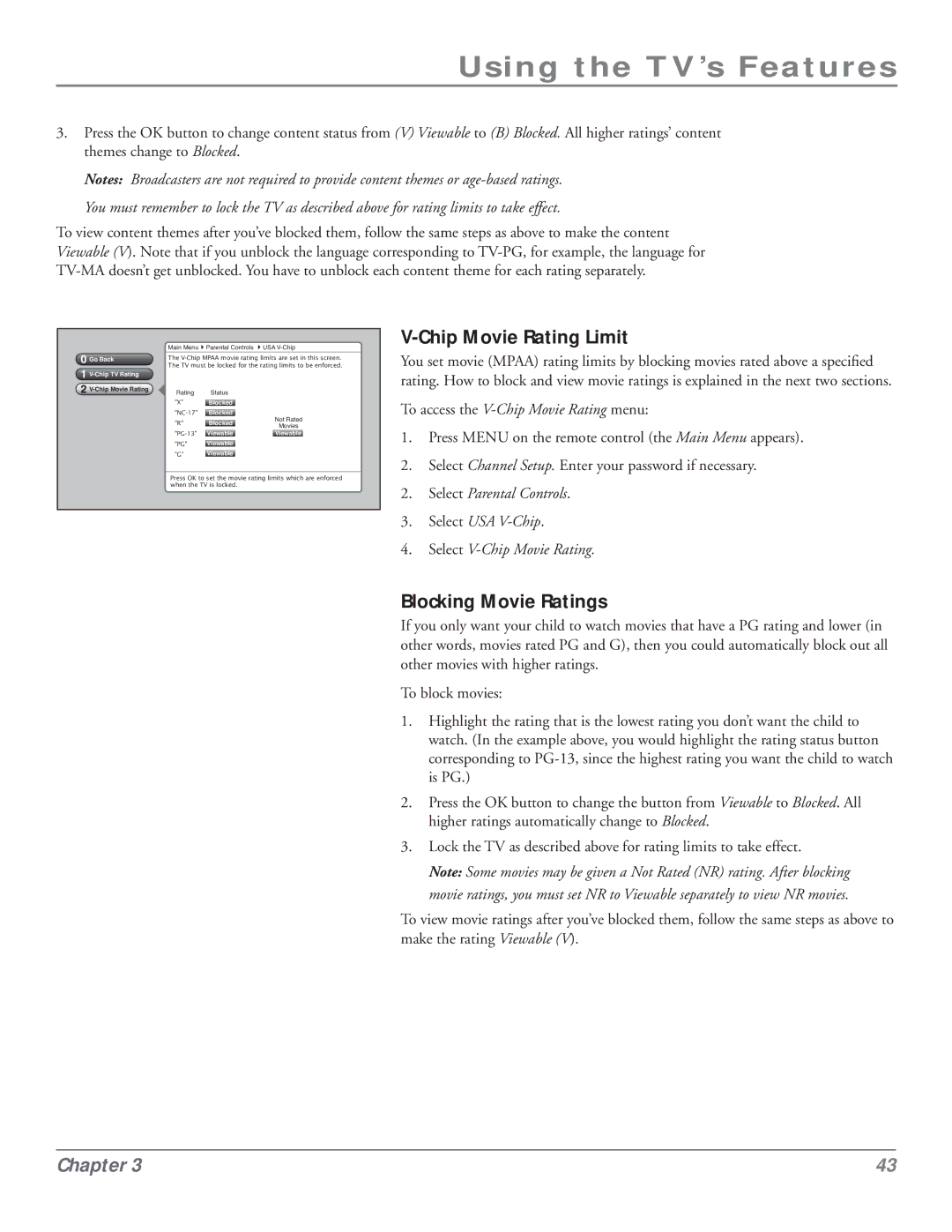 RCA HDLP50 manual Chip Movie Rating Limit, Blocking Movie Ratings 