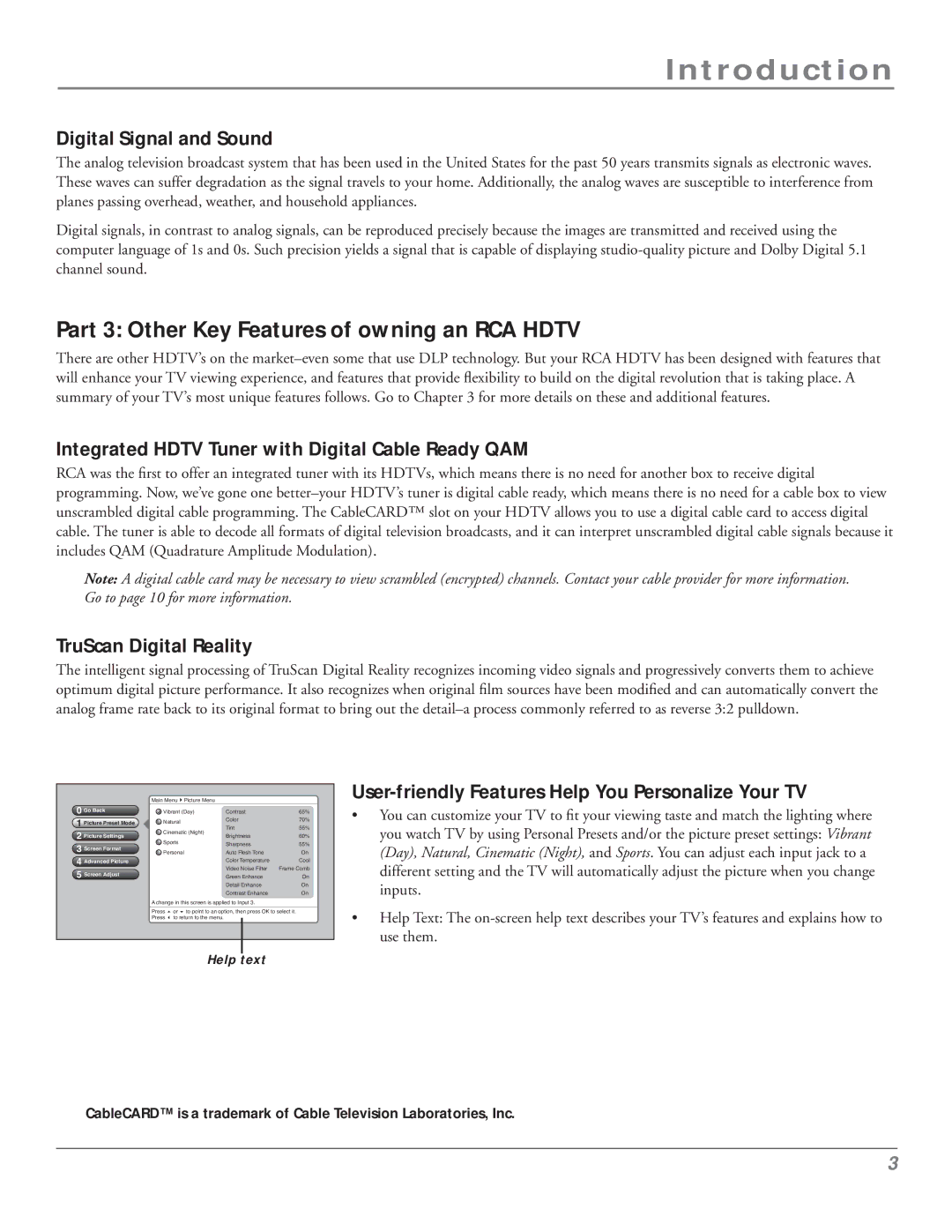 RCA HDLP50 manual Part 3 Other Key Features of owning an RCA Hdtv, Digital Signal and Sound, TruScan Digital Reality 