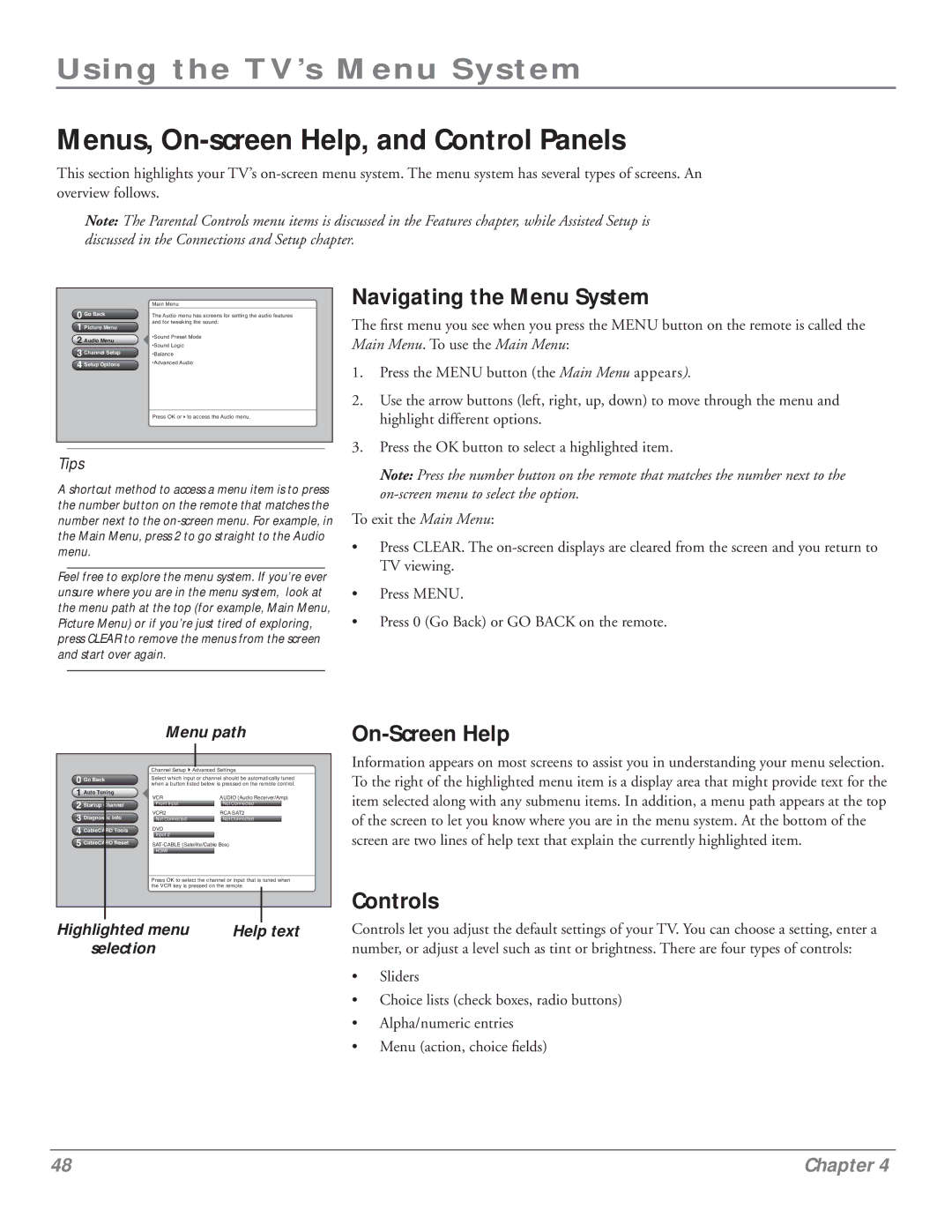 RCA HDLP50 Using the TV’s Menu System, Menus, On-screen Help, and Control Panels, Navigating the Menu System, Controls 