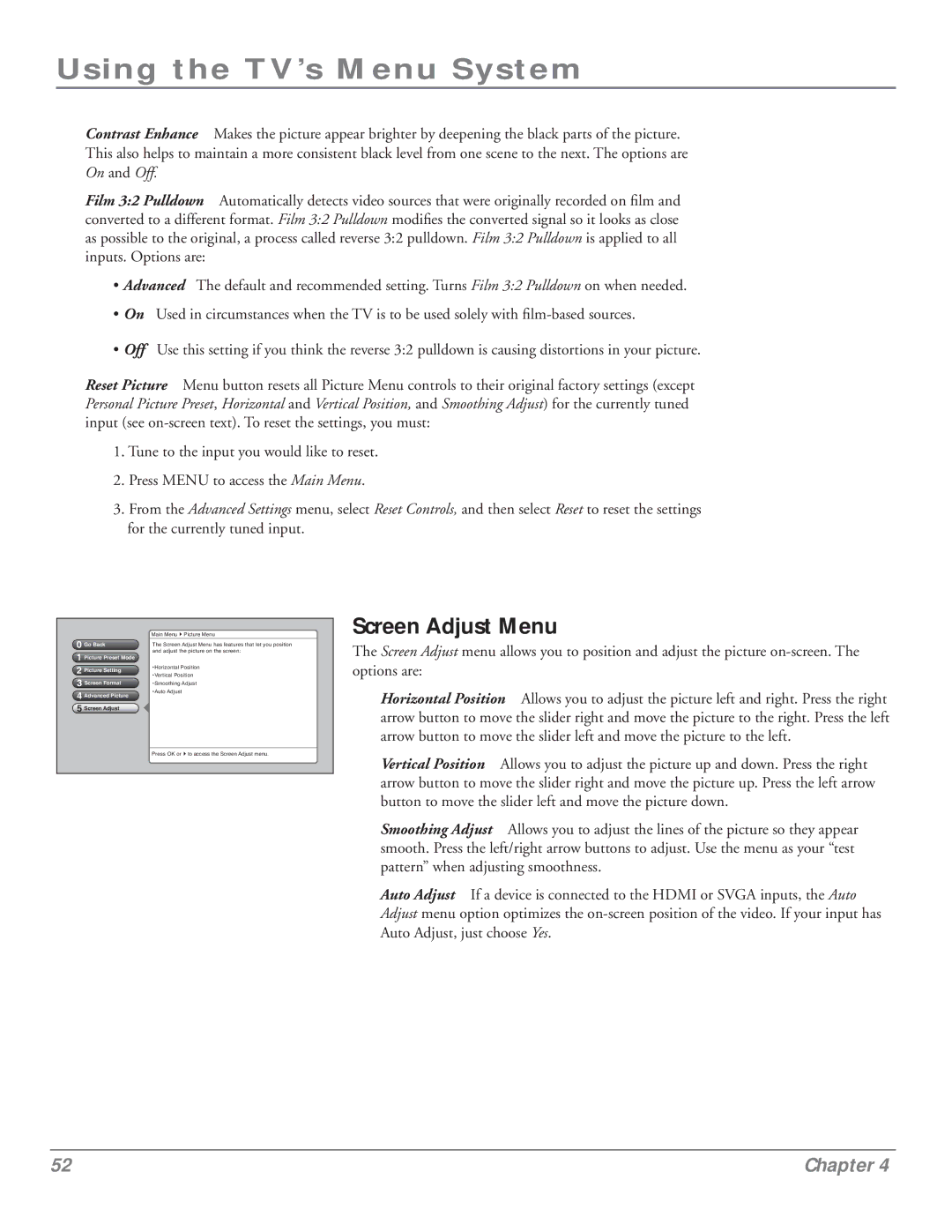 RCA HDLP50 manual Screen Adjust Menu 