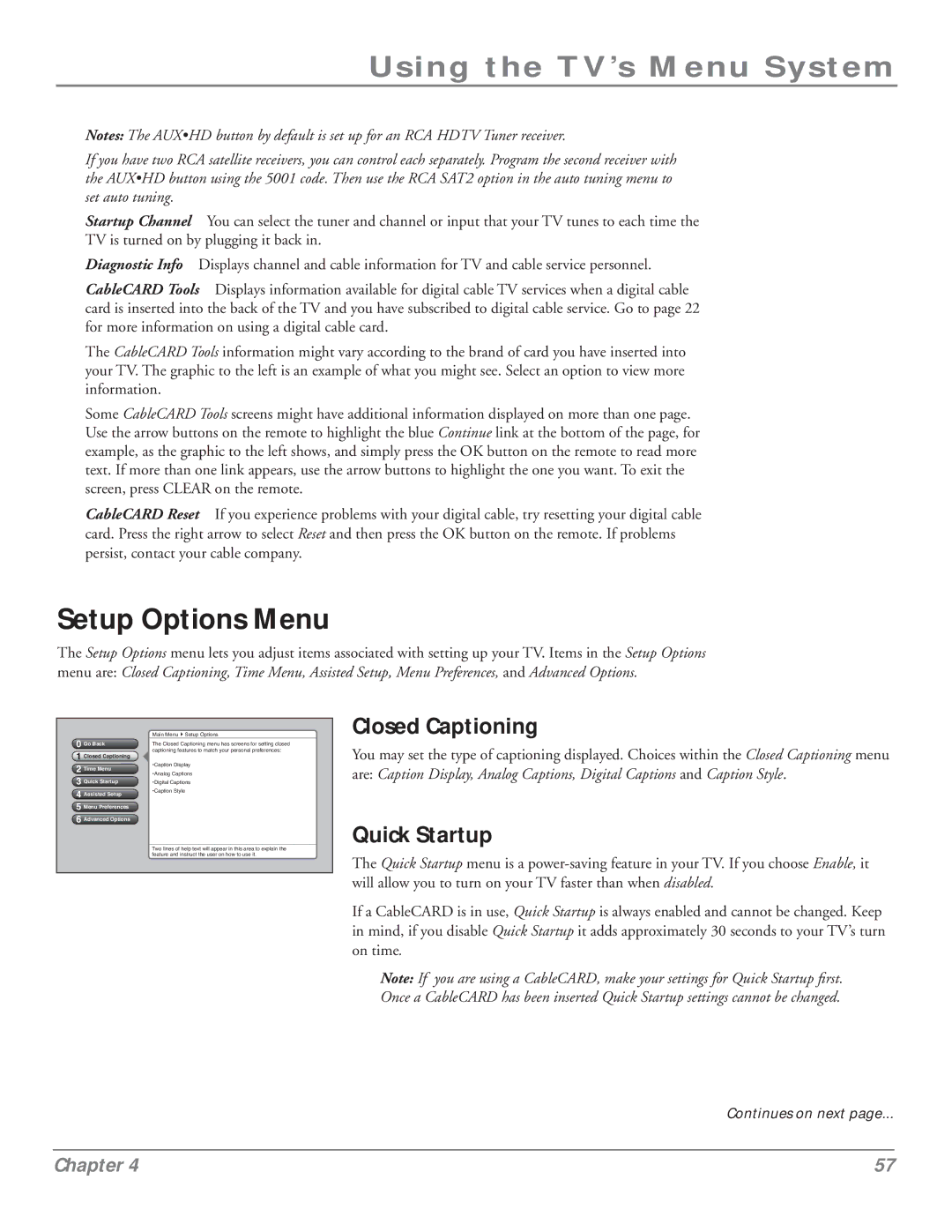 RCA HDLP50 manual Setup Options Menu, Closed Captioning, Quick Startup 