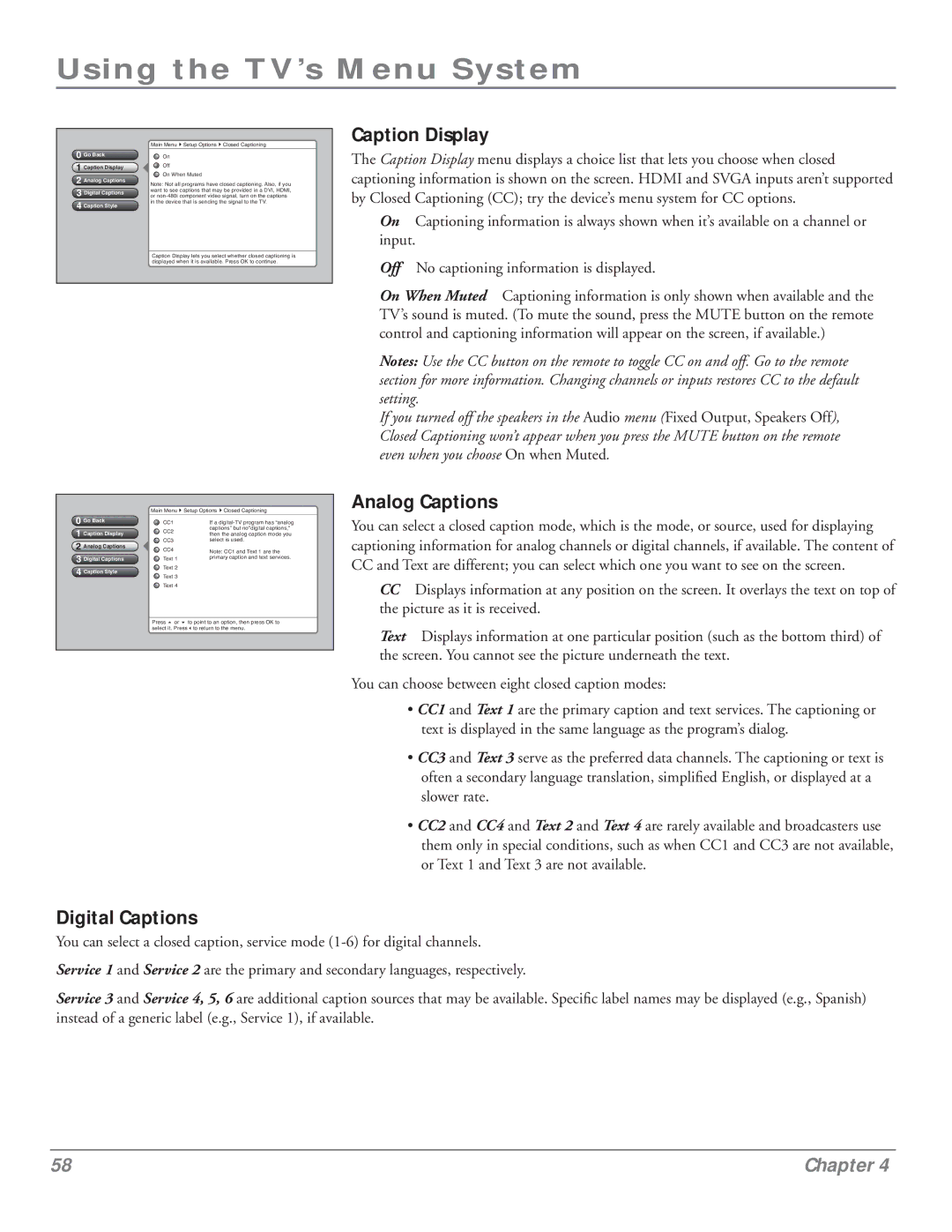 RCA HDLP50 manual Caption Display, Analog Captions, Digital Captions 