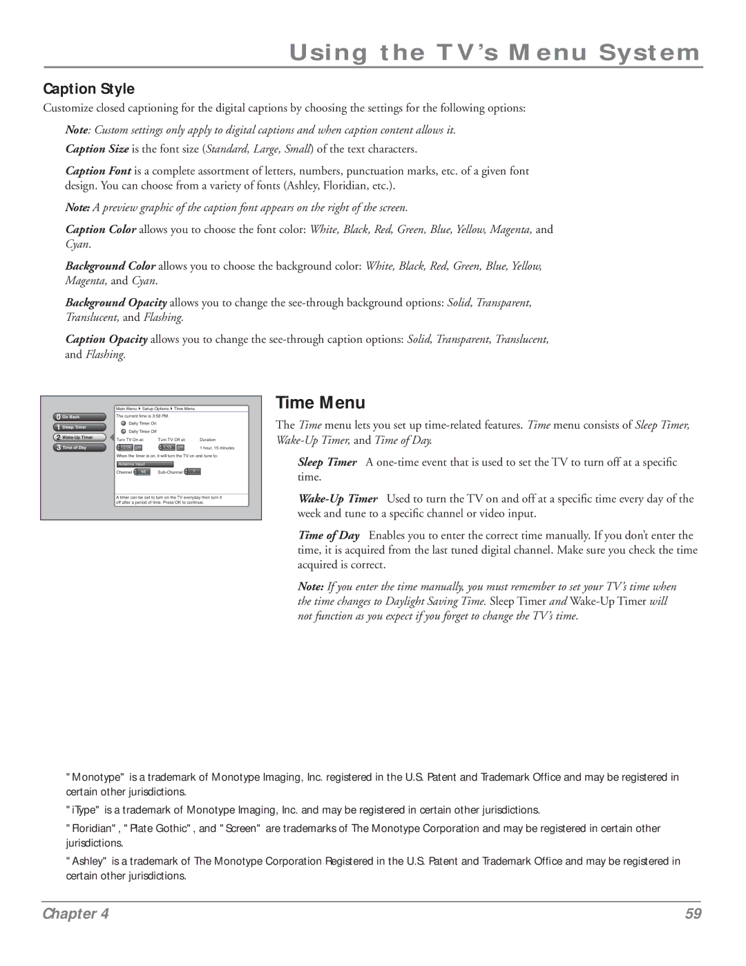 RCA HDLP50 manual Time Menu, Caption Style 