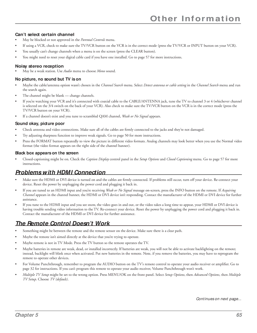 RCA HDLP50 manual Can’t select certain channel, Noisy stereo reception, No picture, no sound but TV is on 