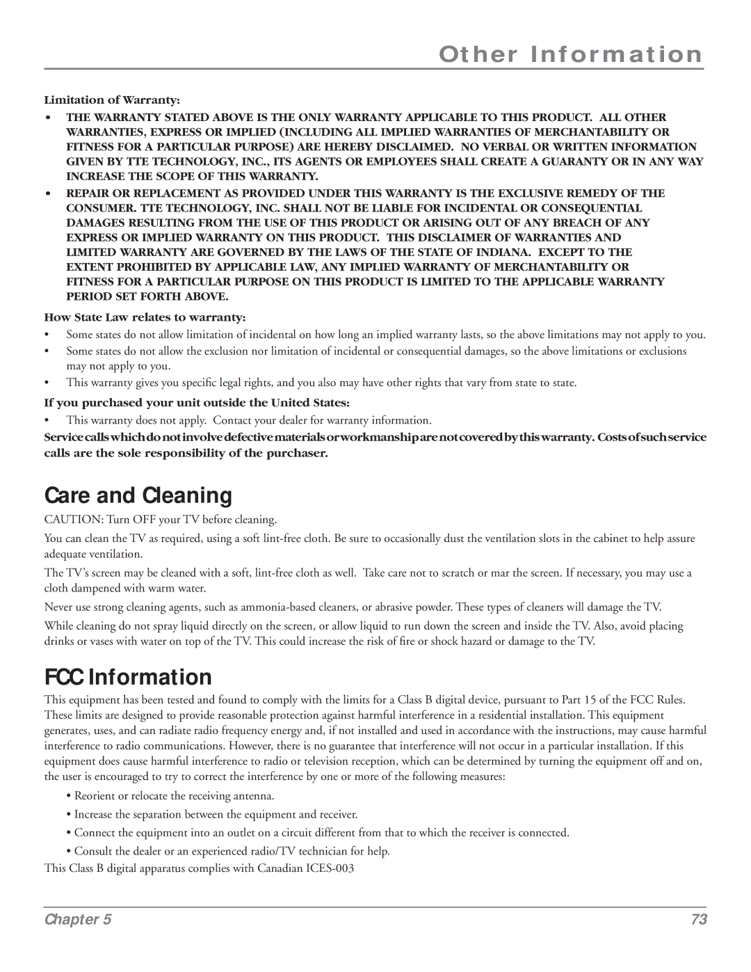 RCA HDLP50 manual Care and Cleaning, FCC Information, Limitation of Warranty, How State Law relates to warranty 