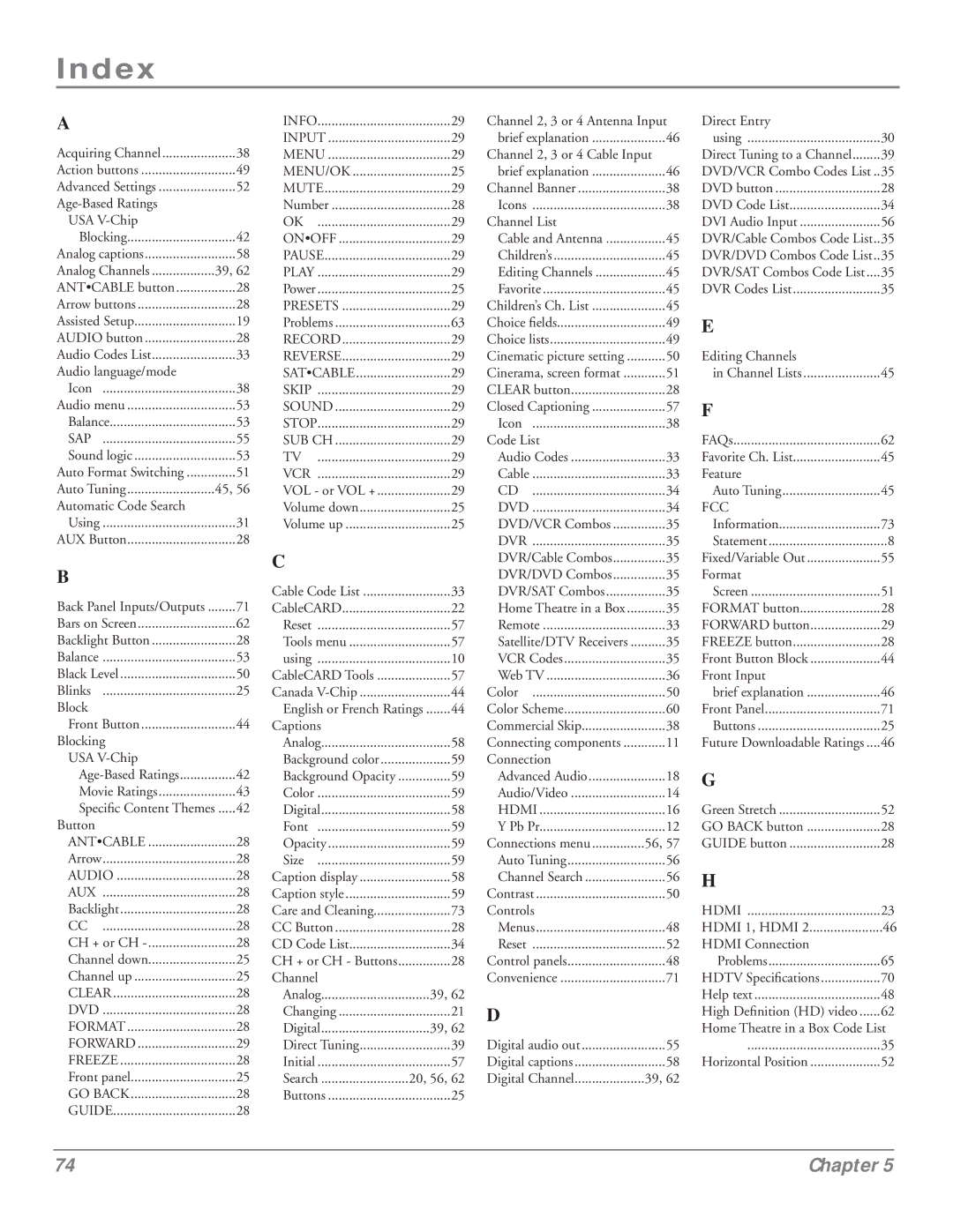 RCA HDLP50 manual Index, Age-Based Ratings USA V-Chip Blocking 