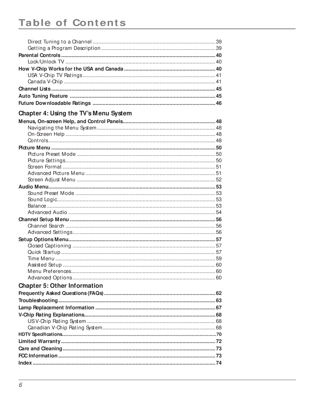 RCA HDLP50 manual Using the TV’s Menu System, Other Information 