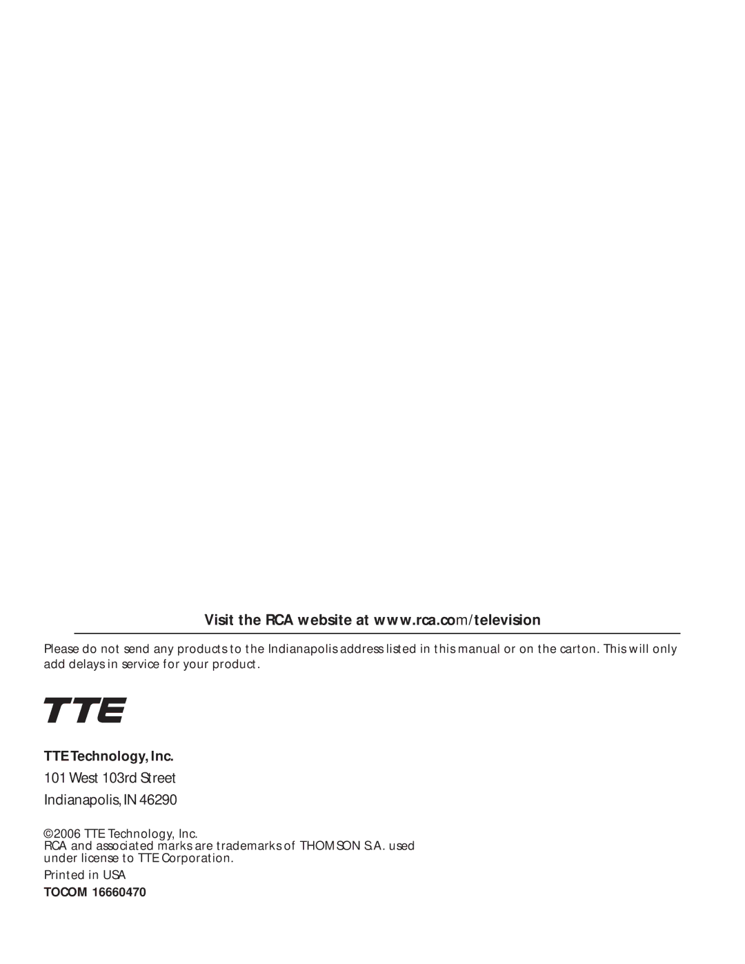 RCA HDLP50 manual TTE Technology, Inc, Tocom 