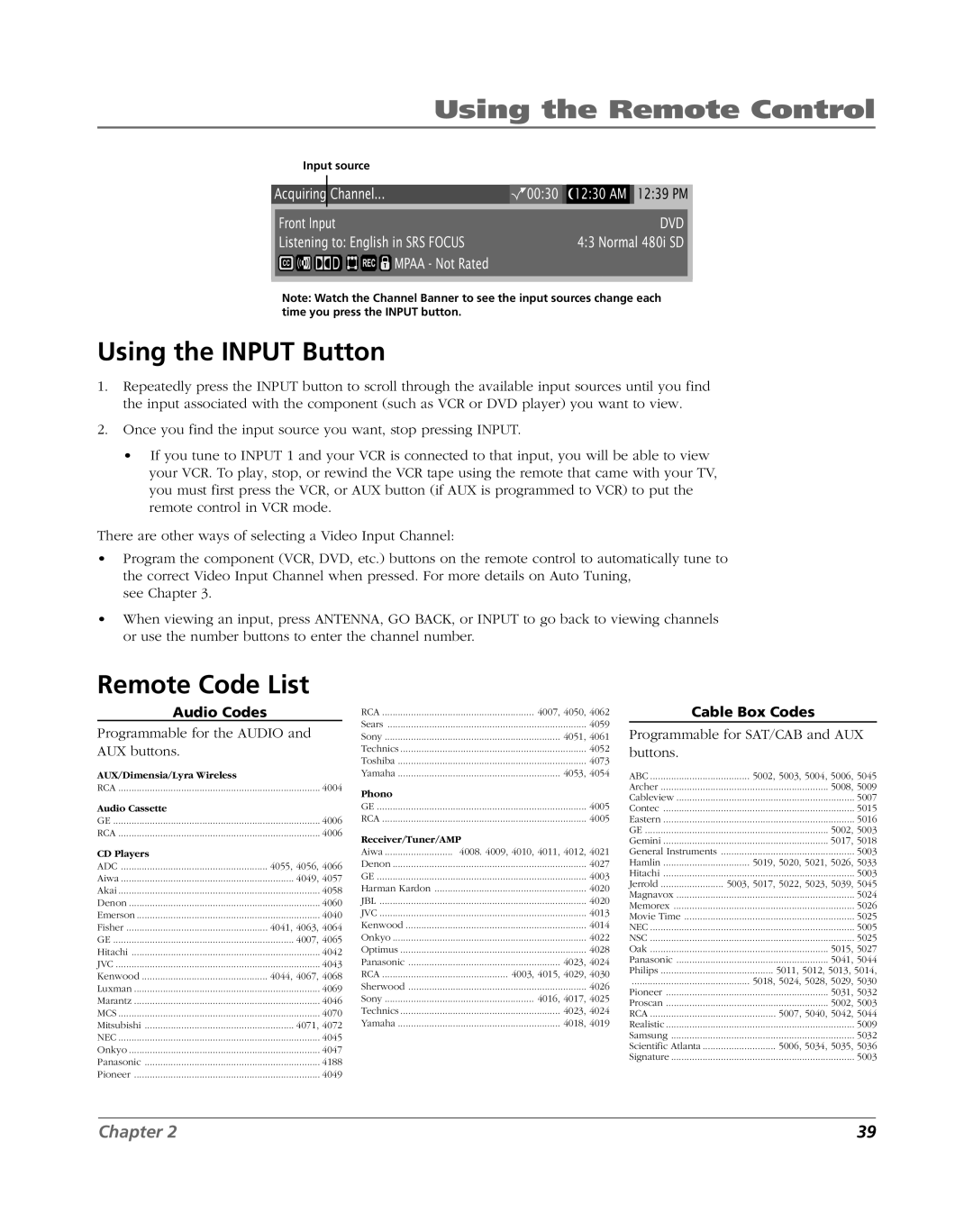 RCA HDLP50W151 manual Using the Input Button, Remote Code List, Audio Codes, Cable Box Codes 