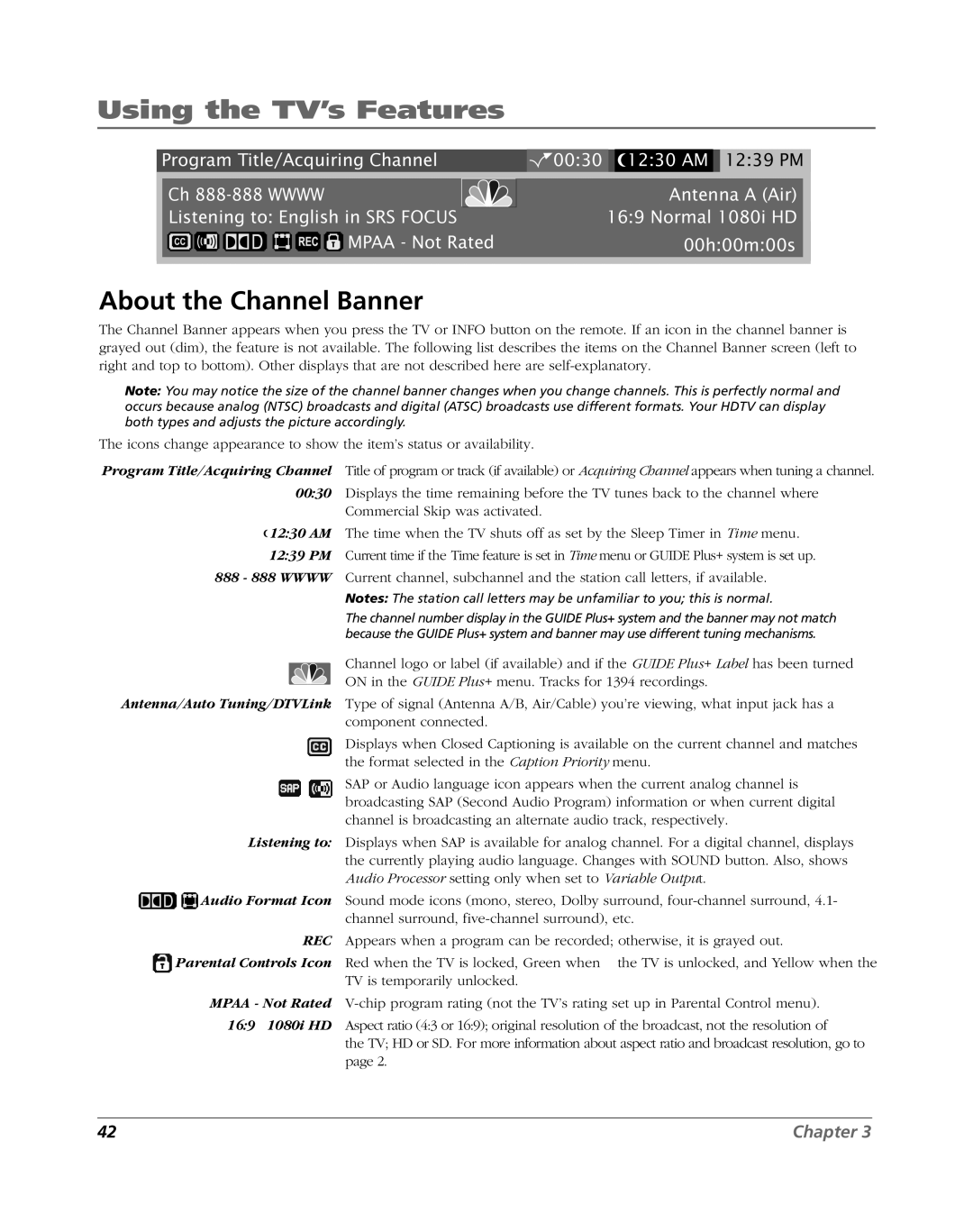 RCA HDLP50W151 manual Using the TV’s Features, About the Channel Banner 