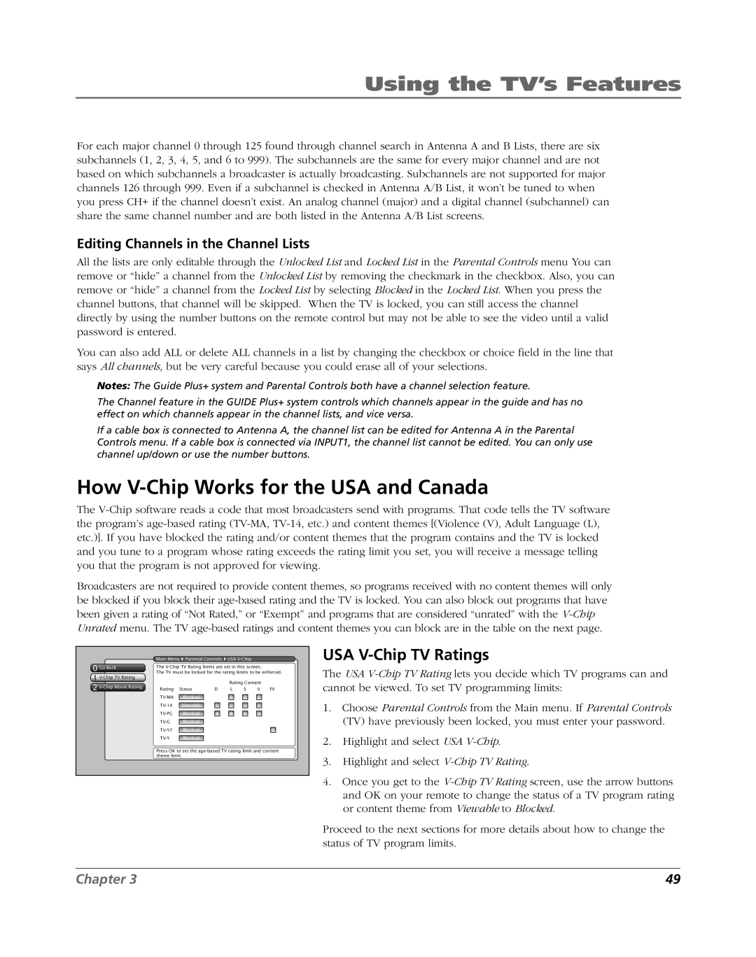 RCA HDLP50W151 manual How V-Chip Works for the USA and Canada, USA V-Chip TV Ratings, Editing Channels in the Channel Lists 