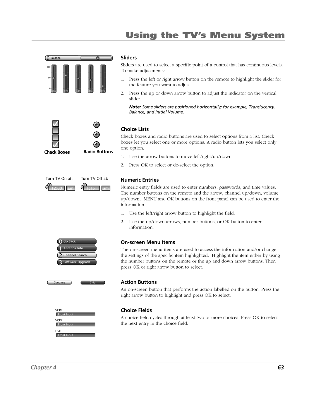 RCA HDLP50W151 manual Sliders, Check Boxes 