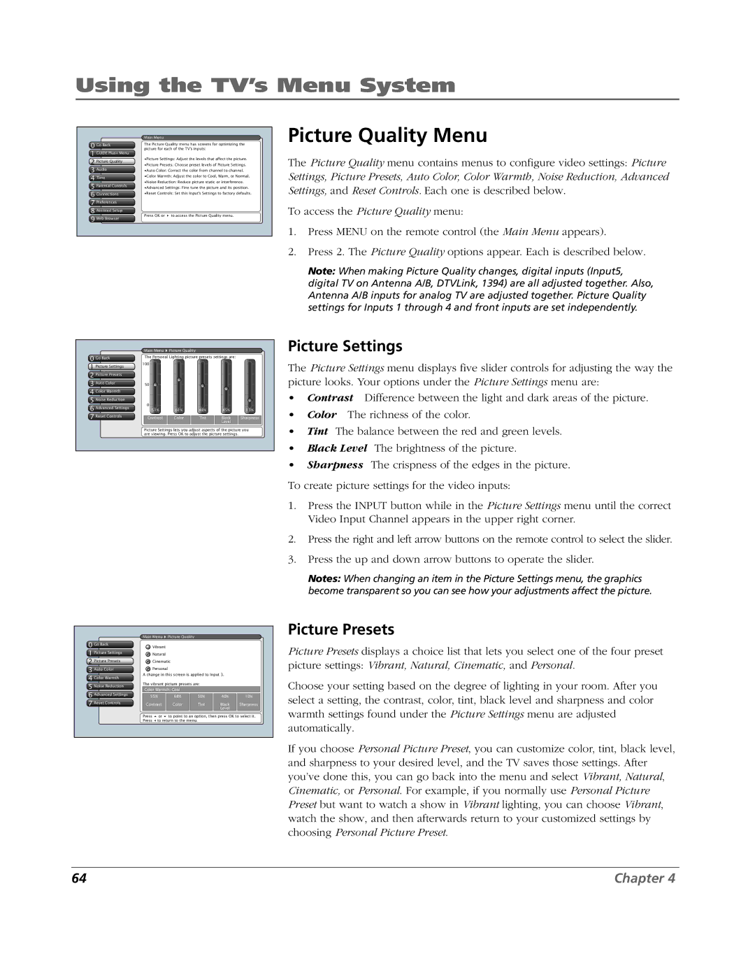 RCA HDLP50W151 manual Picture Quality Menu, Picture Settings, Picture Presets 