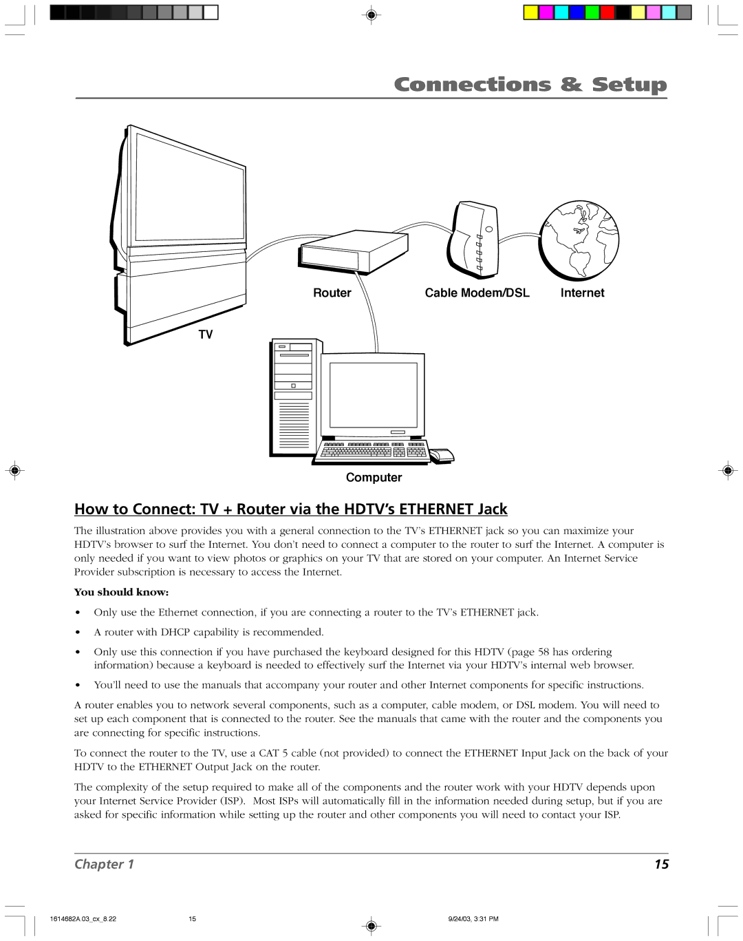 RCA HDLP50W151 manual How to Connect TV + Router via the HDTV’s Ethernet Jack, You should know 