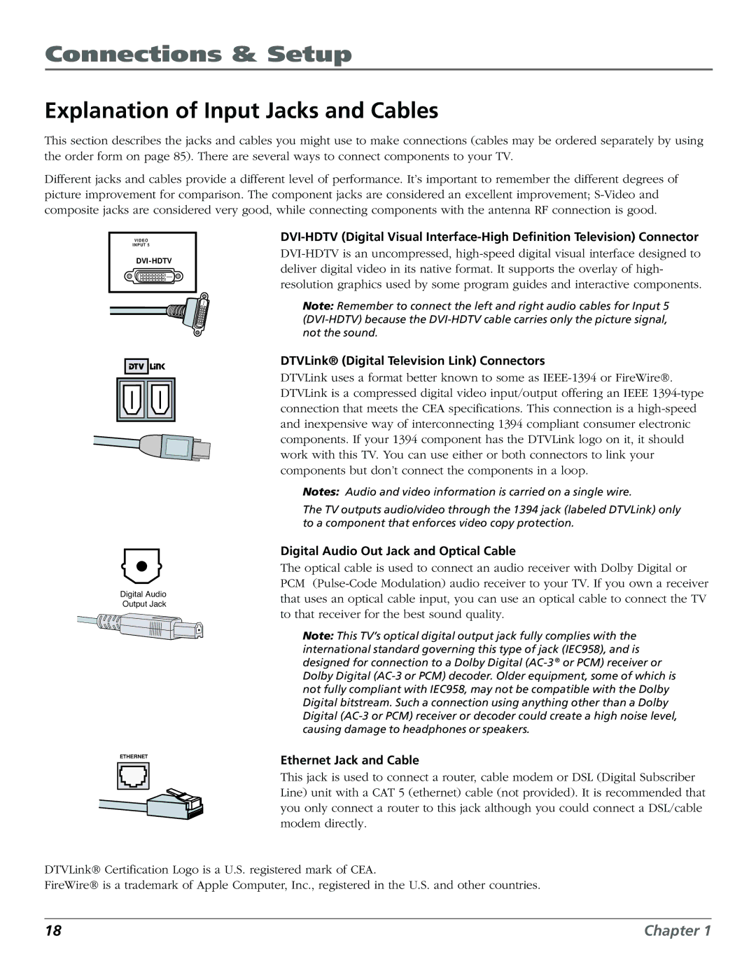 RCA HDLP50W151 Explanation of Input Jacks and Cables, DTVLink Digital Television Link Connectors, Ethernet Jack and Cable 