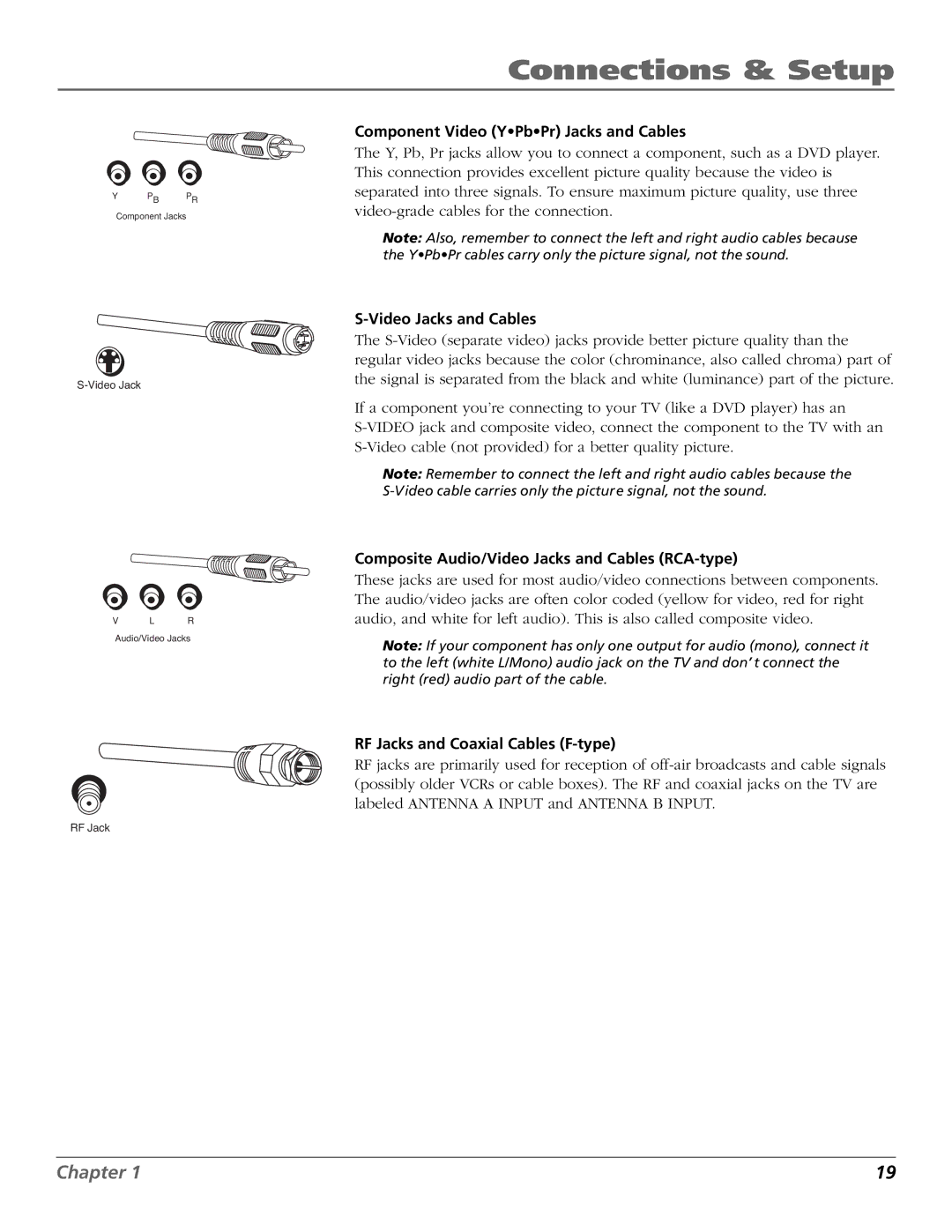 RCA HDLP50W151 manual Component Video YPbPr Jacks and Cables, Video Jacks and Cables, RF Jacks and Coaxial Cables F-type 