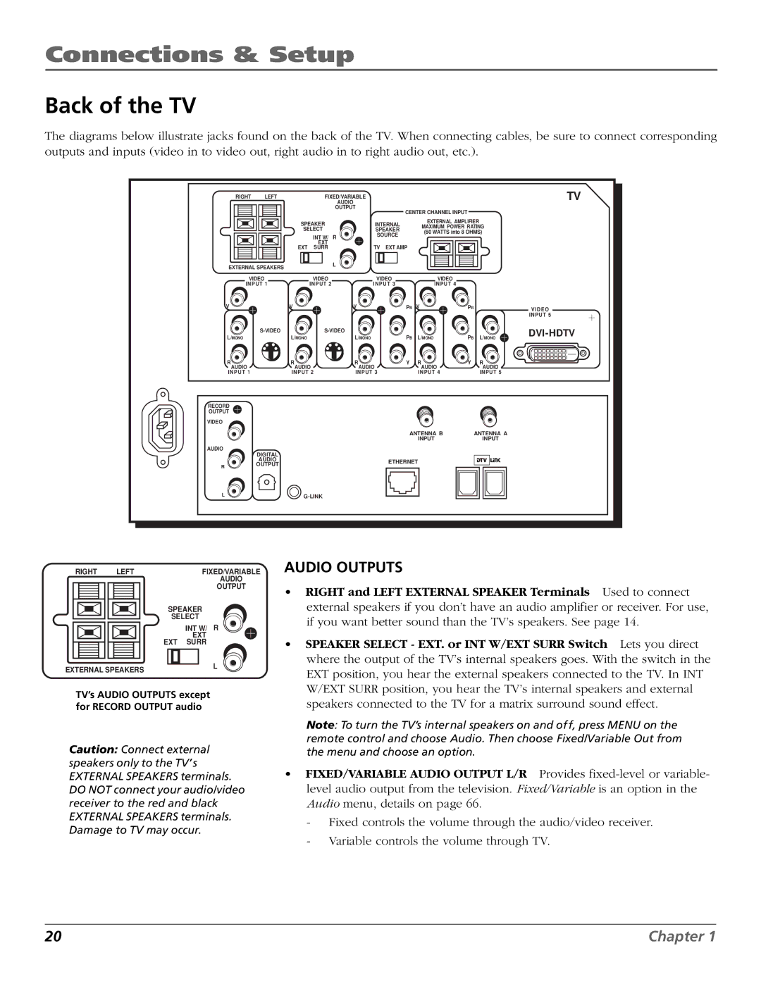 RCA HDLP50W151 manual Back of the TV, Right and Left External Speaker Terminals Used to connect 