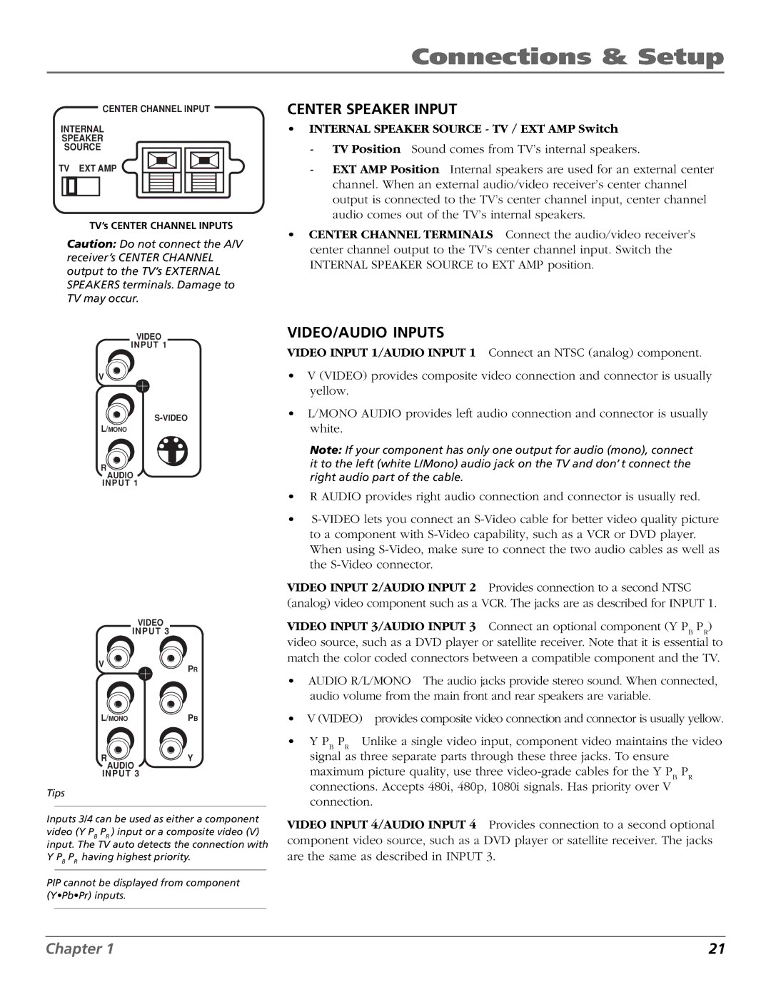 RCA HDLP50W151 manual Internal Speaker Source TV / EXT AMP Switch, TV’s Center Channel Inputs 