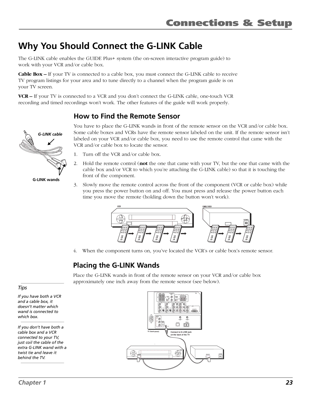 RCA HDLP50W151 manual Why You Should Connect the G-LINK Cable, How to Find the Remote Sensor, Placing the G-LINK Wands 