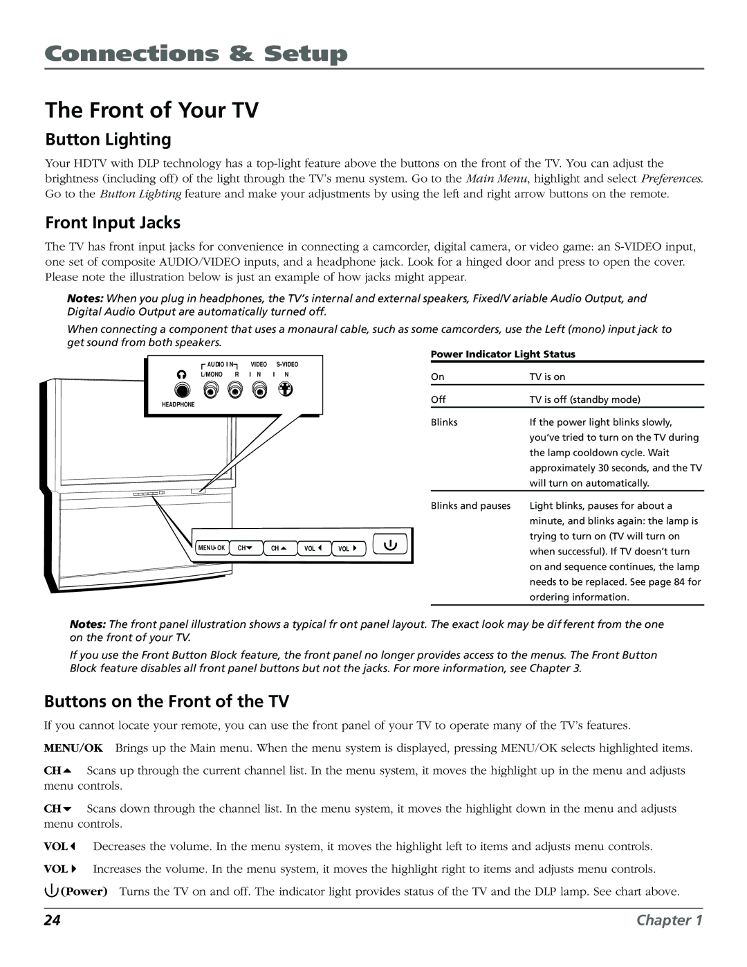 RCA HDLP50W151 manual Front of Your TV, Button Lighting, Front Input Jacks, Buttons on the Front of the TV 