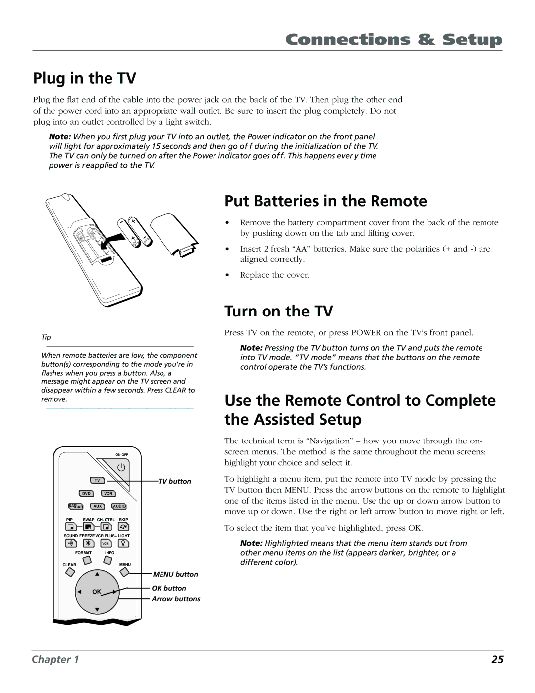 RCA HDLP50W151 manual Plug in the TV, Put Batteries in the Remote, Turn on the TV 