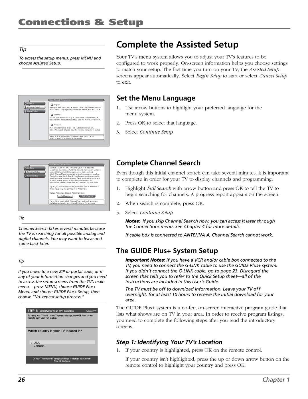 RCA HDLP50W151 manual Complete the Assisted Setup, Set the Menu Language, Complete Channel Search, Guide Plus+ System Setup 