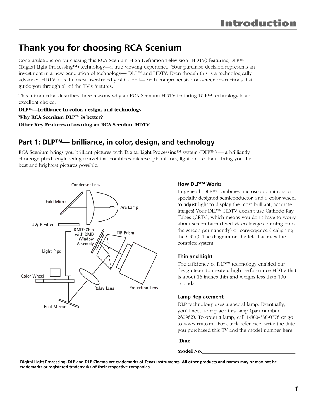 RCA HDLP50W151 Introduction, Thank you for choosing RCA Scenium, Part 1 DLP- brilliance, in color, design, and technology 