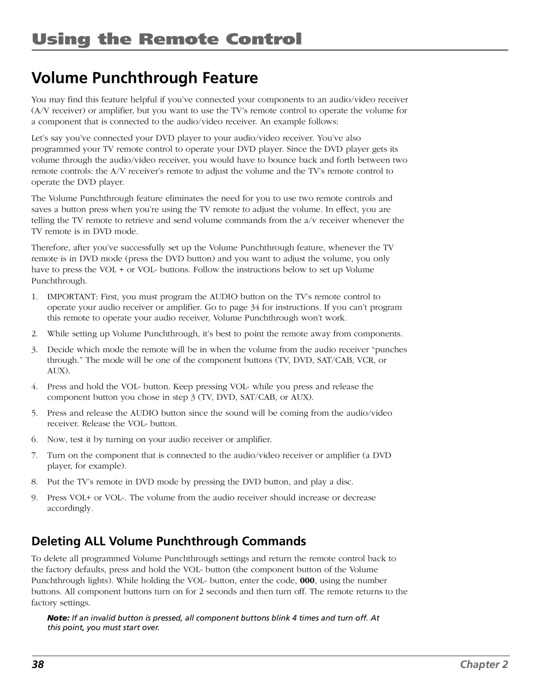 RCA HDLP50W151 manual Volume Punchthrough Feature, Deleting ALL Volume Punchthrough Commands 