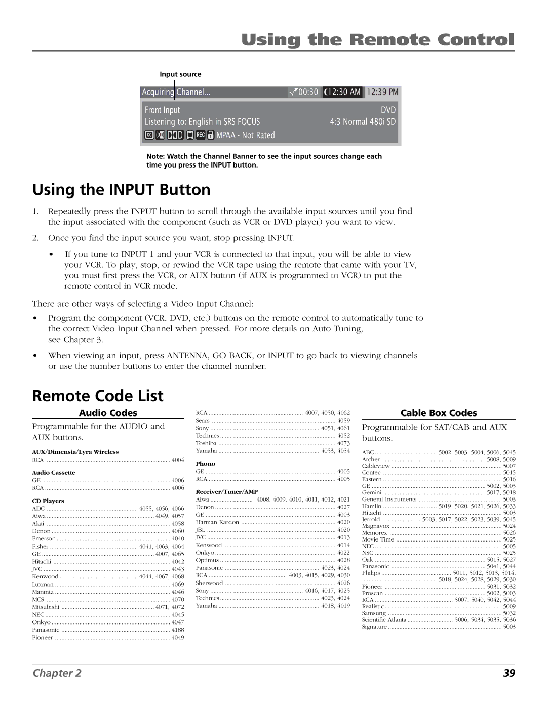 RCA HDLP50W151 manual Using the Input Button, Remote Code List, Audio Codes, Cable Box Codes 