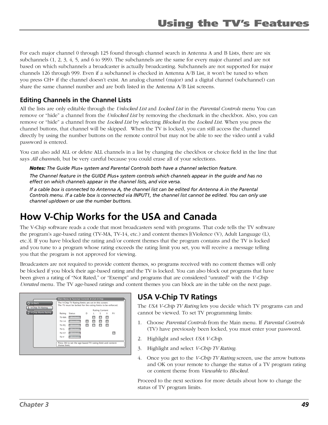 RCA HDLP50W151 manual How V-Chip Works for the USA and Canada, USA V-Chip TV Ratings, Editing Channels in the Channel Lists 